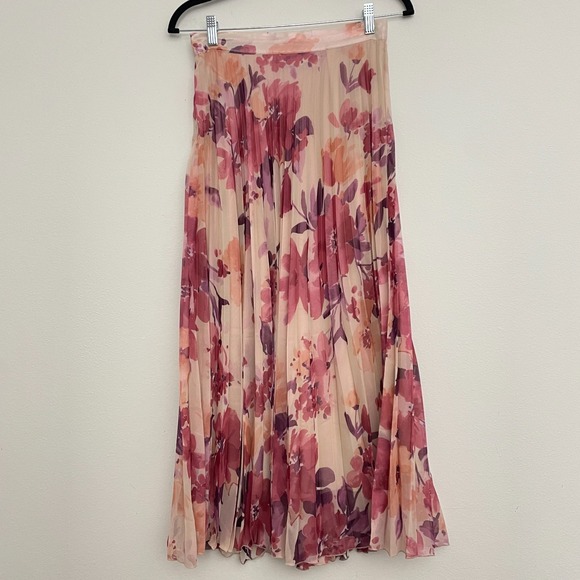 Zara Skirt Women M Pink Floral Pleated Midi A Line Cottagecore Romantic Femme - Picture 3 of 7